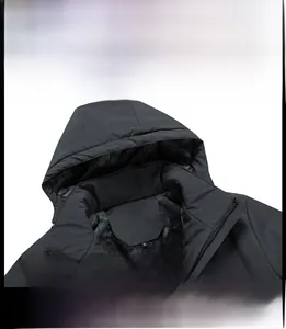 Detail of hooded jacket showing grey warm fleece lining and sturdy black neckline