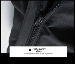 Detail of durable high-quality black zipper on jacket tested for 30,000 smooth slides