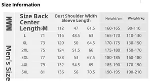 Detailed size chart for men's waterproof windbreaker jacket covering sizes M to 5XL
