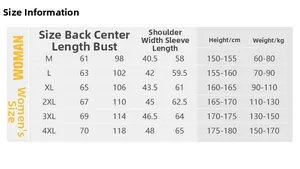 Detailed size chart for women's outdoor jacket showing measurements from M to 4XL sizes