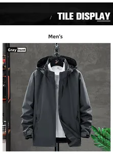 Front tile display of dark grey hooded outdoor jacket for men with water-repellent fabric