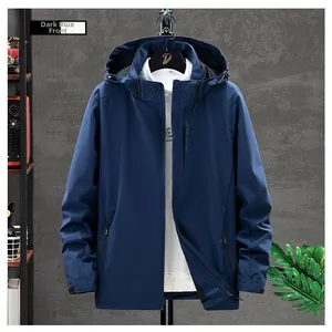 Front view of a dark blue hooded jacket featuring windproof fabric and zipper closure