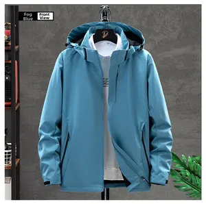 Front view of misty blue hooded windbreaker with water-resistant fabric on a hanger