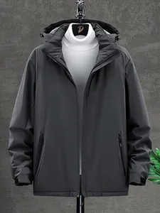 Men's dark gray waterproof outdoor jacket with hood and functional zipper pockets