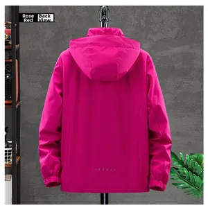 Rear view of rose red hooded windbreaker jacket featuring water resistant fabric and elastic cuffs