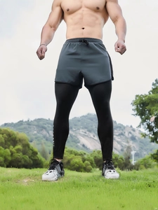 Men's 2-in-1 Sports Leggings with Shorts Quick Dry Breathable Gym Running Fitness Compression Pants with Phone Pocket Towel Loop