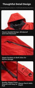 Detailed close-up of red 3-in-1 waterproof jacket with adjustable hood and zip pockets