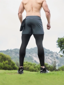 Men's 2-in-1 running leggings with built-in compression shorts and towel loop for gym fitness