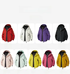 Detail view of nine color options for the waterproof 3-in-1 mountain jacket and inner liner