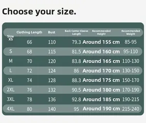 Detailed size chart for 3-in-1 hiking jacket with measurements for XS to 4XL sizes