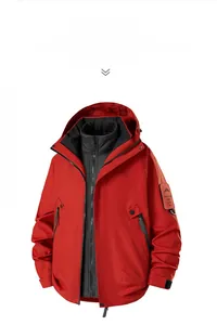 Detail view of red three-in-one outdoor jacket with black windproof collar and zippers