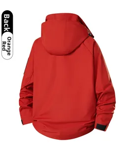 Back view of orange-red 3-in-1 waterproof jacket with hood and adjustable velcro cuffs