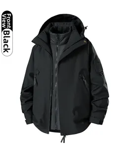 Front view of black 3-in-1 waterproof jacket showing peak logo patch and pocket details
