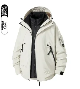 Front view of ivory white 3-in-1 hooded jacket showing zipper details and arm patch