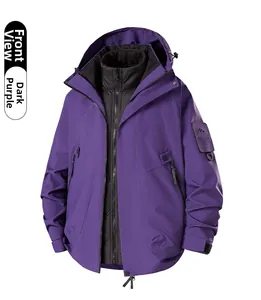 Front view of a dark purple 3-in-1 waterproof jacket with adjustable hem and hood