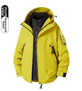 Front view of fluorescent green 3-in-1 hiking jacket with detachable black liner