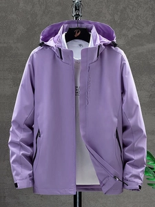 Outdoor hooded purple sports jacket featuring waterproof fabric and adjustable cuffs