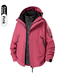 Front view of Eden Pink 3-in-1 waterproof jacket with detachable hood and black liner