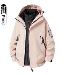 Detailed front view of pink and black 3-in-1 hiking jacket with waterproof hood and pockets