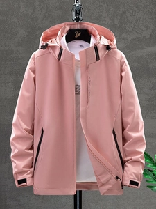 Pink hooded windbreaker jacket for men and women with water-resistant breathable fabric