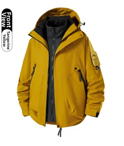 Detail of 3-in-1 hiking jacket in grapefruit yellow with removable warm inner liner