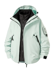 Mint green 3-in-1 outdoor jacket with hood and black liner for hiking and mountaineering