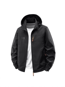 Leichte schwarze Windjacke für Herren mit Kapuze und Outdoor-Stickerei-Detail