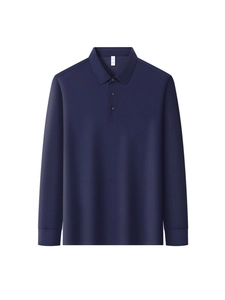 Classic navy blue long-sleeve cotton polo shirt for men with ribbed cuffs and three-button collar
