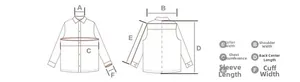 Detailed size chart guide for winter jacket showing chest, shoulder and sleeve measurements