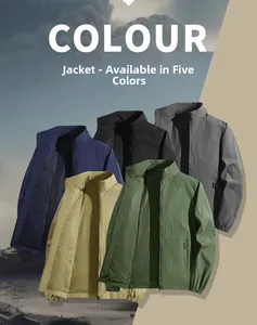 Detail view of lightweight windbreaker jackets in five colors with mesh lining and stand collar