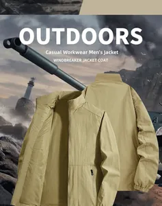 Detail of khaki windbreaker jacket showing breathable mesh lining and stand collar