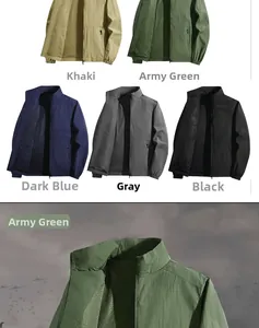 Detail view of lightweight men's outdoor jackets showing zipper pockets and five colors