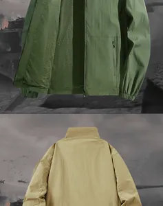 Detail of outdoor tactical jacket with breathable mesh lining and windproof stand collar