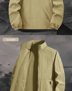 Detail view of khaki tactical jacket showing elastic cuffs and breathable mesh lining