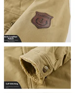 Détail de la veste kaki montrant l'écusson de bras et la doublure chaude en peau lainée