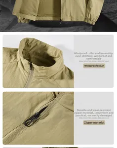 Detail view of khaki windproof jacket showing stand collar, metal zipper, and mesh lining