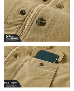 Détail d'une veste en velours côtelé kaki avec doublure sherpa et boutons