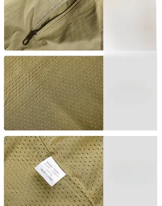 Detail view of khaki jacket with smooth zipper pocket, mesh lining and care label