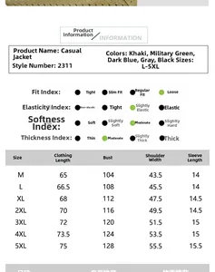Detailed size guide for men's casual jackets including measurements from M to 5XL