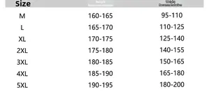 Detailed size chart for men jacket from M to 5XL with height and weight recommendations