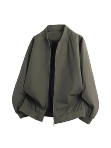 Classic olive green baseball jacket with ribbed collar and windproof fabric for men