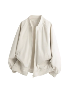 Classic cream-colored varsity bomber jacket with stand collar and metallic zipper design