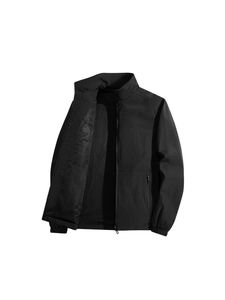 Lightweight black men's windbreaker jacket with stand collar and breathable mesh lining