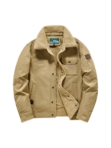 Veste Épaisse en Laine d'Agneau pour Hommes Doublée Polaire Manteau Militaire Chaud d'Hiver Avec Col à Revers Patch de Broderie Extérieur