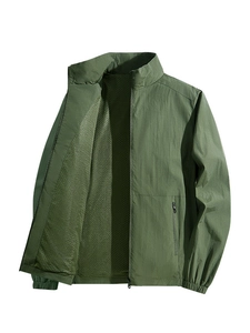 Men's olive green outdoor windbreaker jacket with stand collar and mesh lining