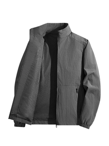 Men's casual grey windbreaker jacket with stand collar and breathable mesh lining