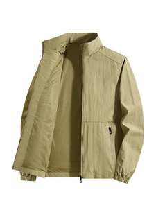 Men's khaki stand collar lightweight jacket with breathable mesh lining and full zipper