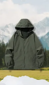 Detail of adjustable drawstring hood on olive green lightweight outdoor windbreaker jacket