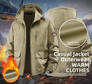 Detail view of khaki hooded fleece jacket showing windproof fabric and warm lining texture