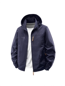 Men's waterproof hooded outdoor jacket in dark blue with mountain embroidery logo